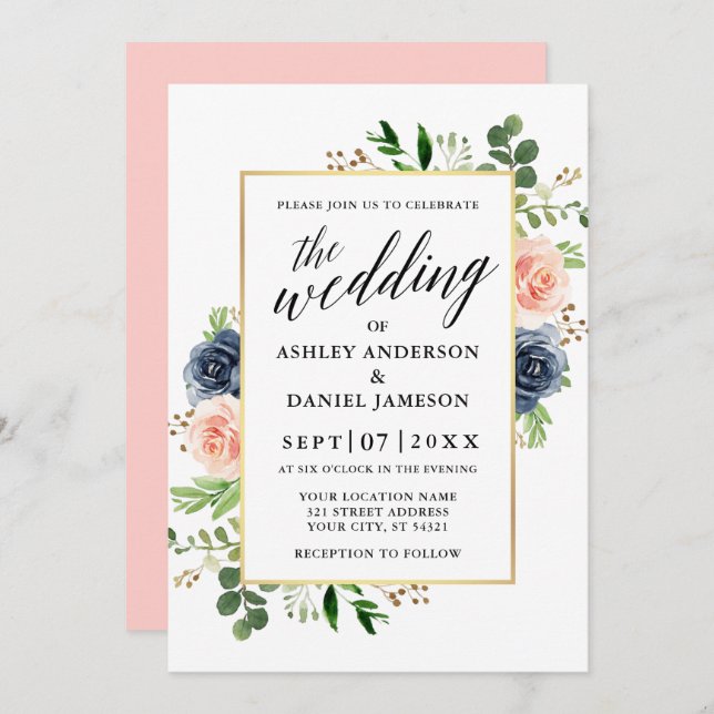 Dusty Blue Pink Roses Calligraphy Wedding Invitation (Front/Back)
