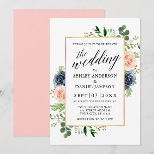 Dusty Blue Pink Roses Calligraphy Wedding Invitation