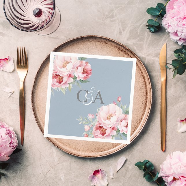Dusty blue pink roses florals monogram wedding napkin (Creator Uploaded)