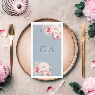 Dusty blue pink roses florals monogram wedding napkin