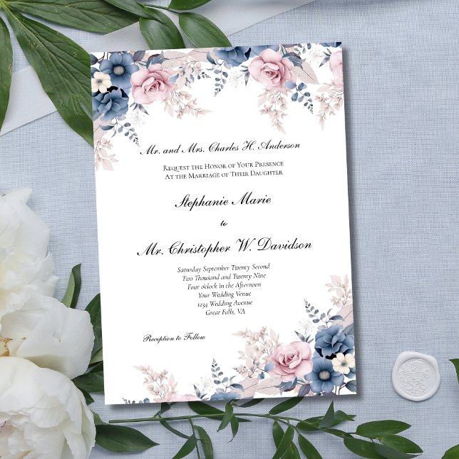 Dusty Blue Pink Watercolor Floral Elegant Wedding Invitation (Dusty Blue Pink Floral Watercolor Formal Traditional Wedding Invitation)