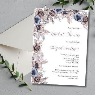 Dusty Blue Pink Watercolor Florals Bridal Shower Invitation