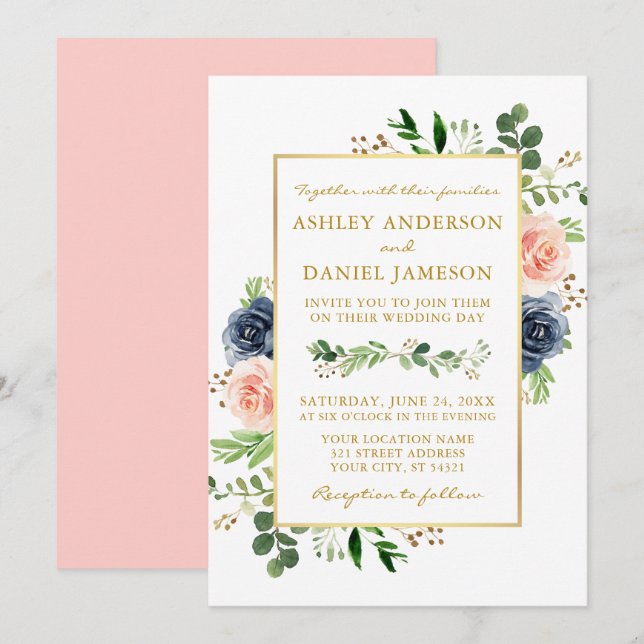 Dusty Blue Pink Watercolor Roses Gold Wedding Invitation (Front/Back)
