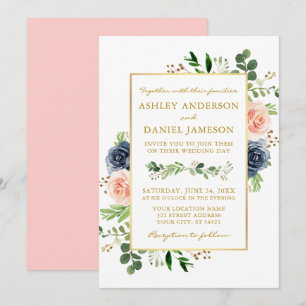 Dusty Blue Pink Watercolor Roses Gold Wedding Invitation