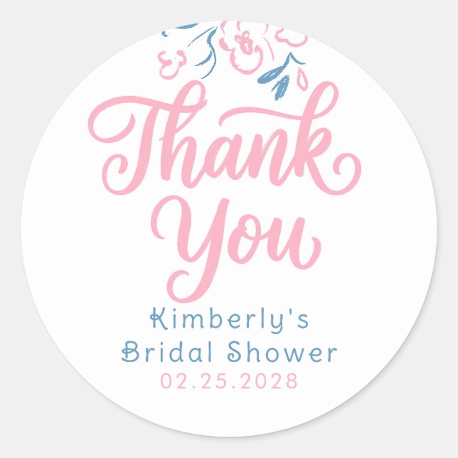 Dusty Blue Pink Whimsical Bridal Shower Thank You  Classic Round Sticker (Front)