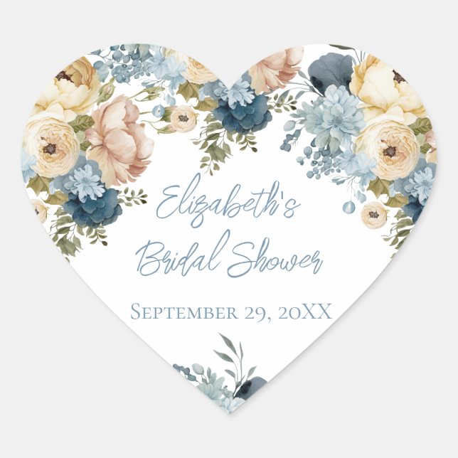 Dusty Blue Pink White Floral Bridal Shower Heart Sticker (Front)