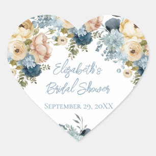 Dusty Blue Pink White Floral Bridal Shower Heart Sticker