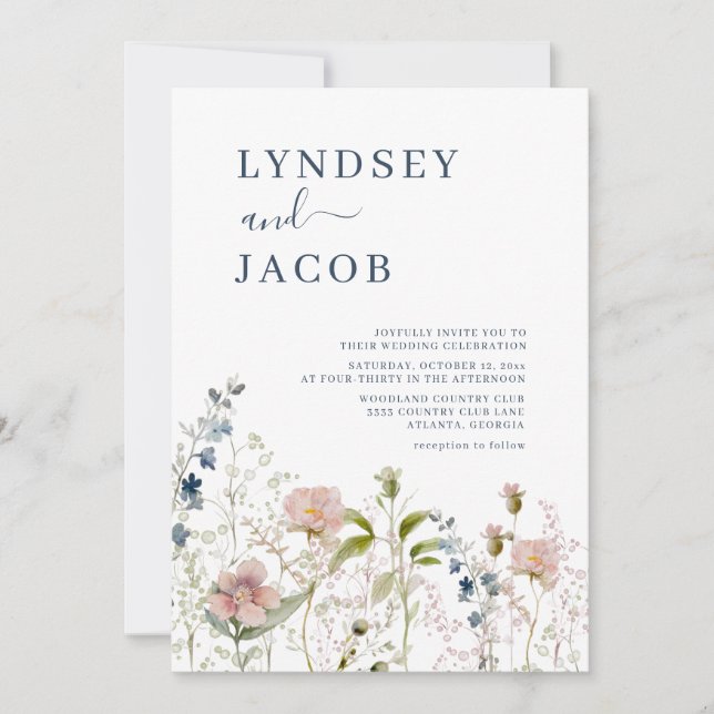 Dusty Blue Pink Wildflower Wedding Invitation (Front)