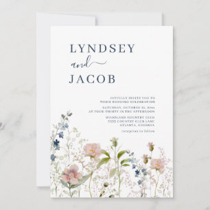 Dusty Blue Pink Wildflower Wedding Invitation