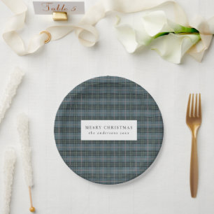 Dusty Blue Plaid Merry Christmas Monogram Paper Plate