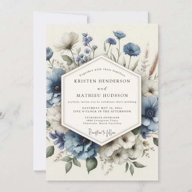 Dusty Blue Poetic Bloom Wedding Invitation (Front)
