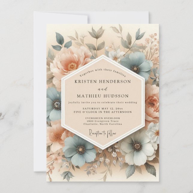 Dusty Blue Poetic Floral Wedding Invitation (Front)