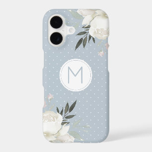 Dusty Blue Polka Dot White Rose Floral Monogram