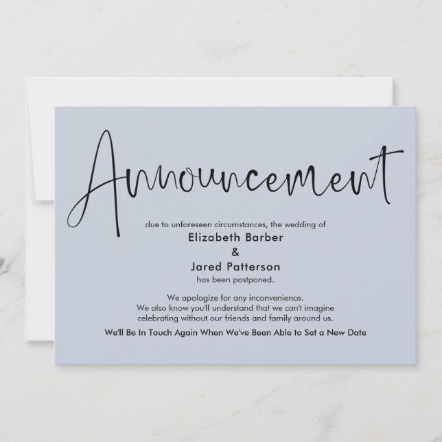 Dusty Blue Postponed Wedding Announcement Card (Front)
