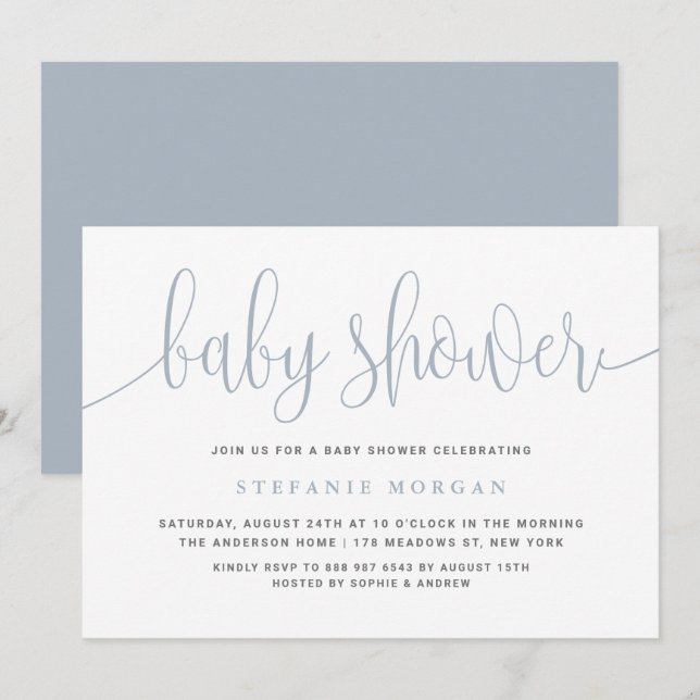 Dusty Blue Pretty Calligraphy Baby Shower Invitation (Front/Back)
