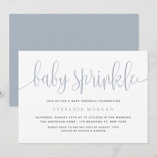 Dusty Blue Pretty Calligraphy Baby Sprinkle Invitation (Front/Back)