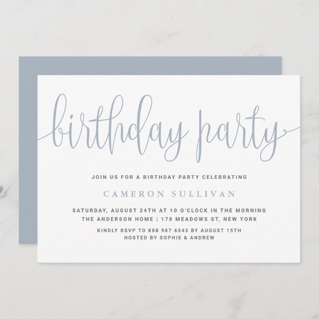Dusty Blue Pretty Calligraphy Birthday Party Invitation (Front/Back)