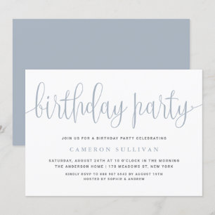Dusty Blue Pretty Calligraphy Birthday Party Invitation