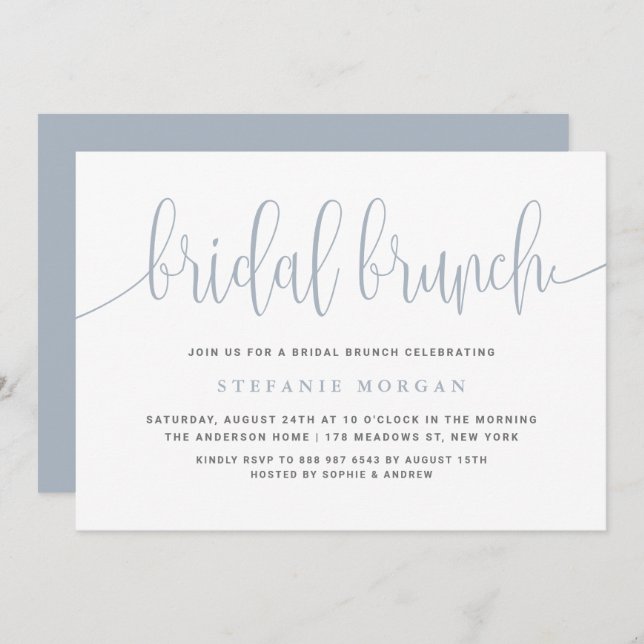 Dusty Blue Pretty Calligraphy Bridal Brunch Invitation (Front/Back)