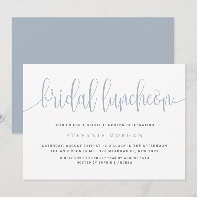 Dusty Blue Pretty Calligraphy Bridal Luncheon Invitation (Front/Back)