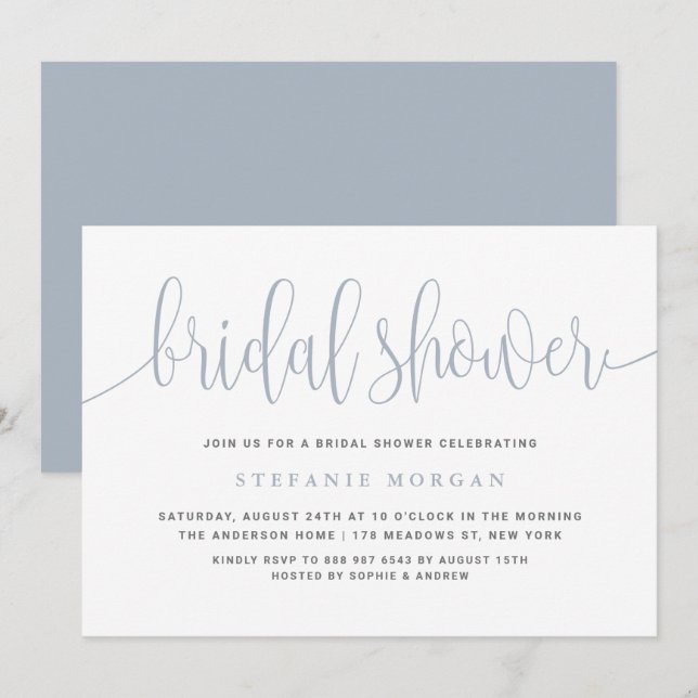 Dusty Blue Pretty Calligraphy Bridal Shower Invitation (Front/Back)