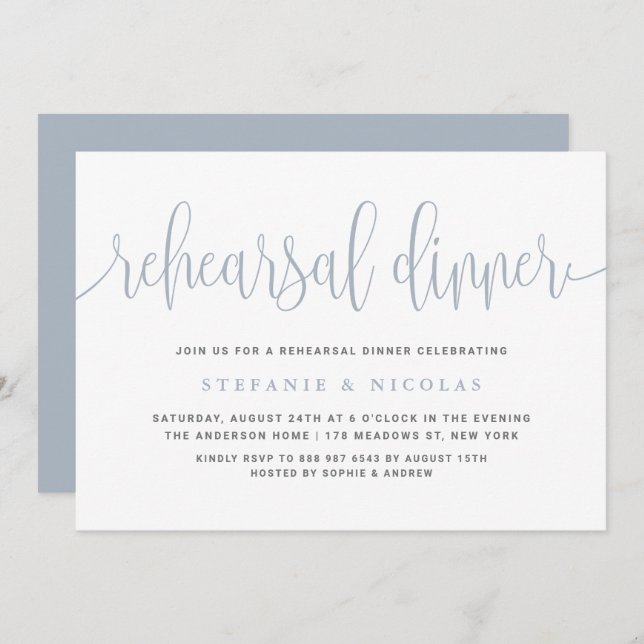 Dusty Blue Pretty Calligraphy Rehearsal Dinner Invitation (Front/Back)