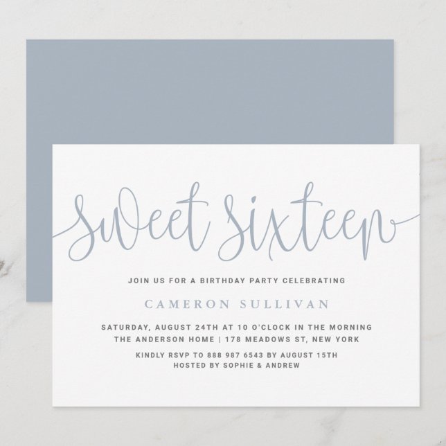 Dusty Blue Pretty Calligraphy Sweet 16 Party Invitation (Front/Back)