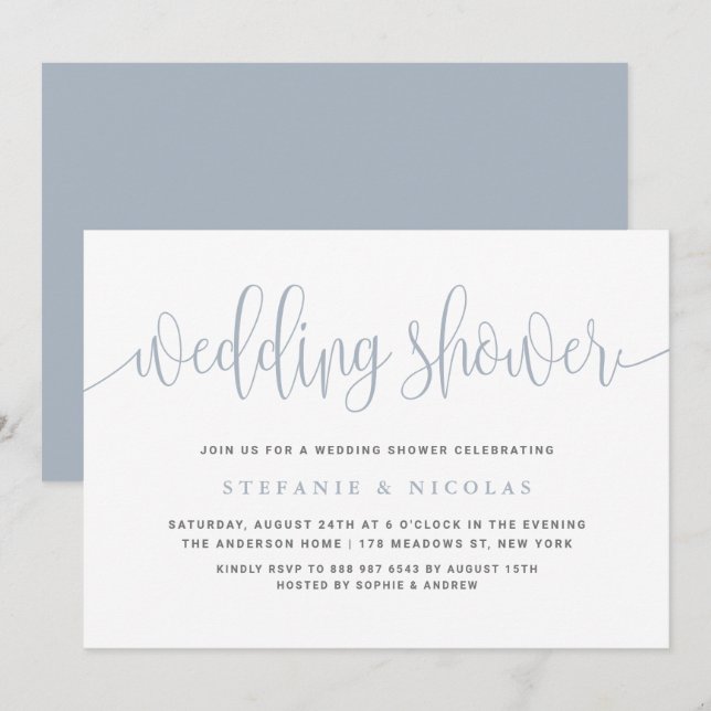 Dusty Blue Pretty Calligraphy Wedding Shower Invitation (Front/Back)