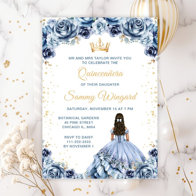 Dusty Blue Princess Floral Quinceañera Invitation (Creator Uploaded)