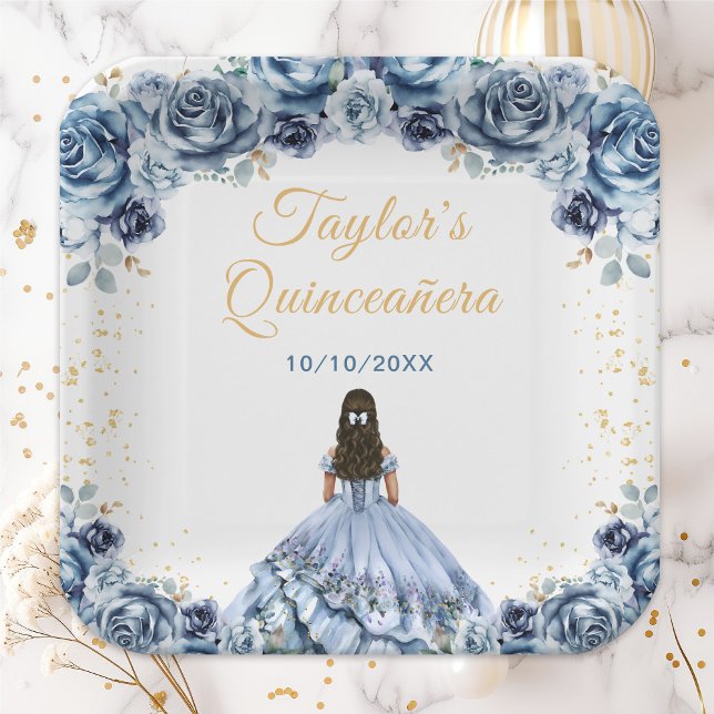 Dusty Blue Princess Floral Quinceañera Paper Plate (Creator Uploaded)