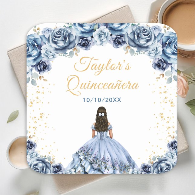 Dusty Blue Princess Floral Quinceañera Square Paper Coaster (Creator Uploaded)