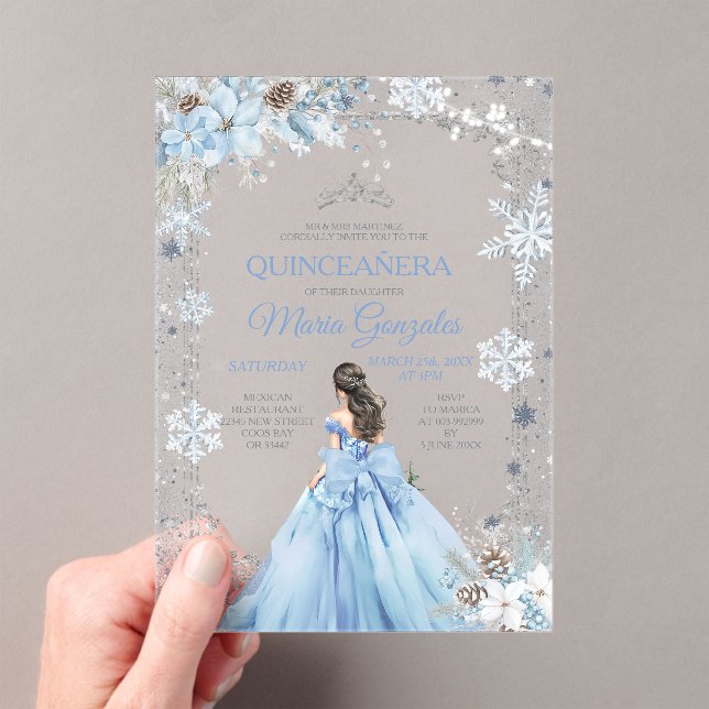 Dusty Blue Princess Floral Winter Snow Quinceañera Acrylic Invitations (Insitu (Handheld))