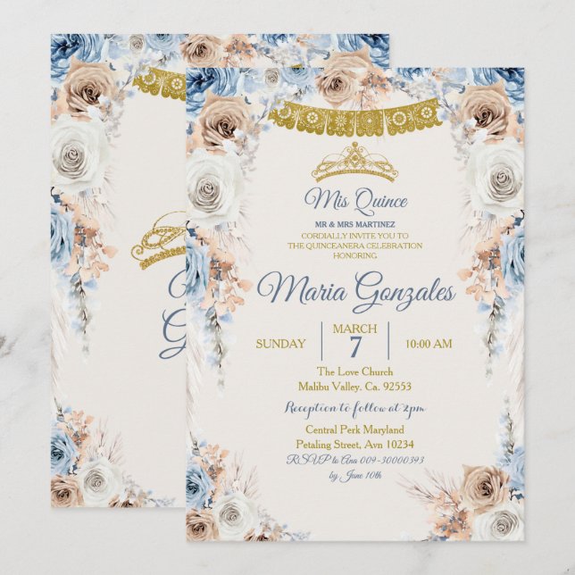 Dusty Blue Princess Mis Quince Birthday Invitation (Front/Back)
