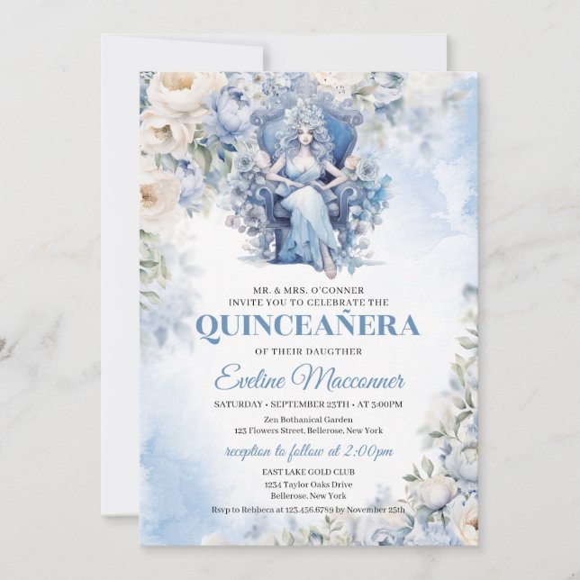 Dusty Blue Princess with flowers and Tiara Invitation (Front)