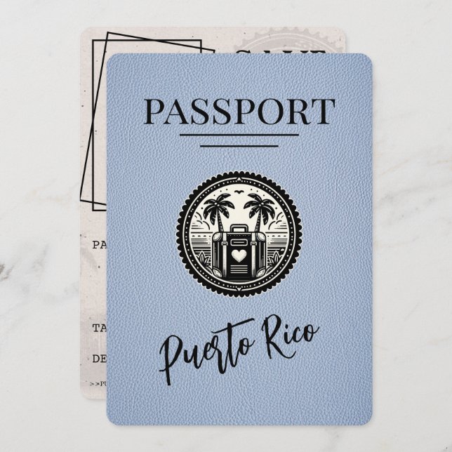 Dusty Blue Puerto Rico Passport Save The Date (Front/Back)