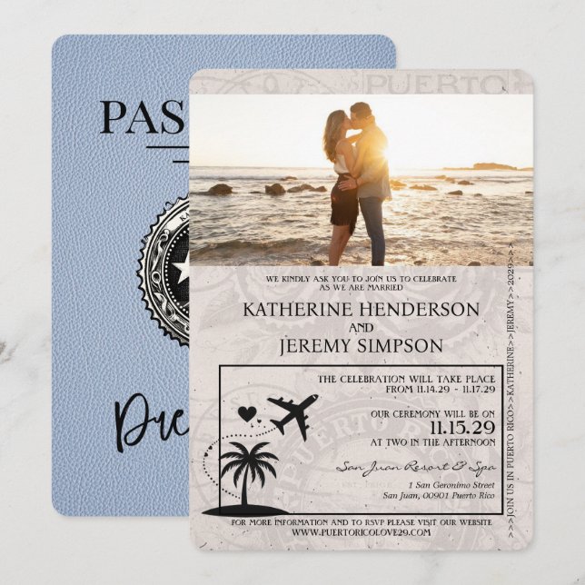 Dusty Blue Puerto Rico Passport Wedding Invitation (Front/Back)