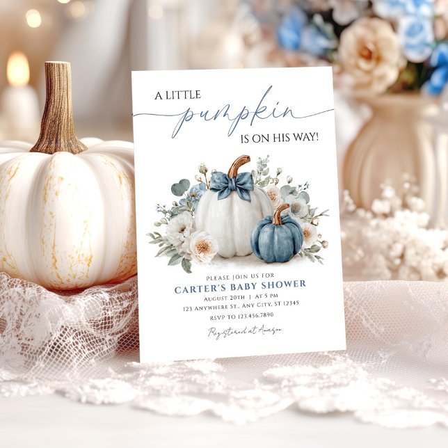 Dusty Blue Pumpkin Greenery Boy Baby Shower Invitation (Creator Uploaded)