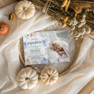 Dusty Blue Pumpkin Photo 1st Birthday Invite