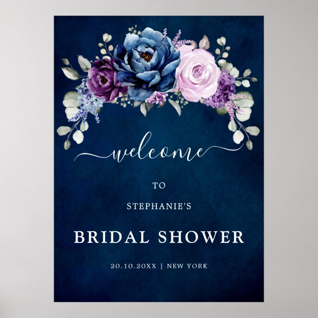 Dusty Blue Purple Blooms Bridal Shower Welcome  Po Poster (Front)