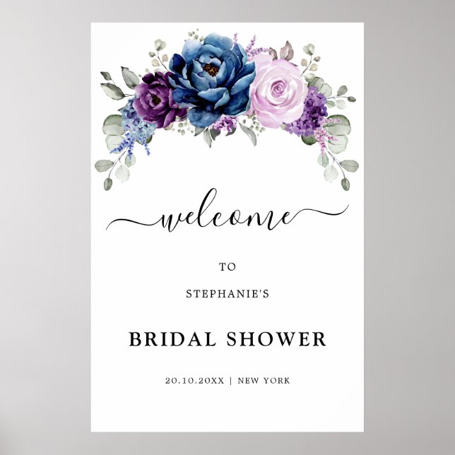 Dusty Blue Purple Blooms Bridal Shower Welcome  Po Poster (Front)