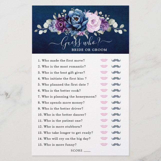Dusty Blue Purple Bridal Shower Game Guess Who (Front)