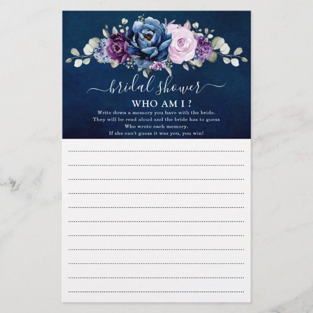 Dusty Blue Purple Bridal Shower Who Am I Game (Front)