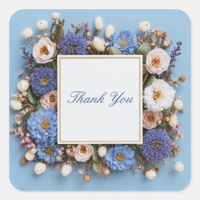 Dusty Blue Purple Dried Floral Rustic Gold Frame Square Sticker (Front)