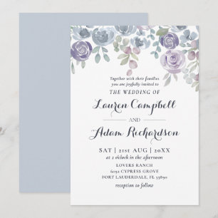 Dusty Blue & Purple Elegant Floral Rustic Wedding Invitation