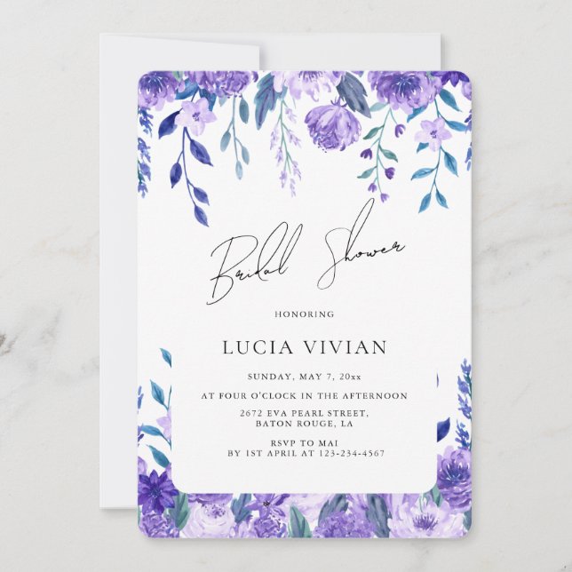 Dusty Blue Purple Floral Garden Bridal Shower Invitation (Front)