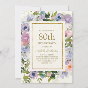 Dusty Blue Purple Floral Gold 80th Birthday Invitation