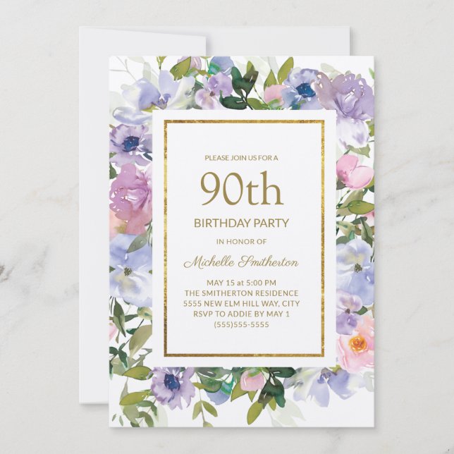 Dusty Blue Purple Floral Gold 90th Birthday Invitation (Front)