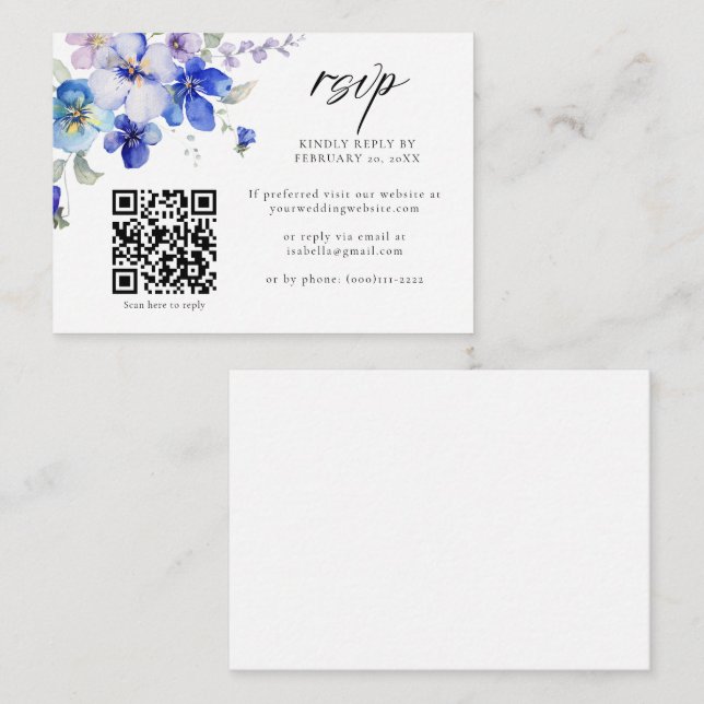 Dusty Blue Purple Floral QR Code Wedding RSVP Enclosure Card (Front/Back)