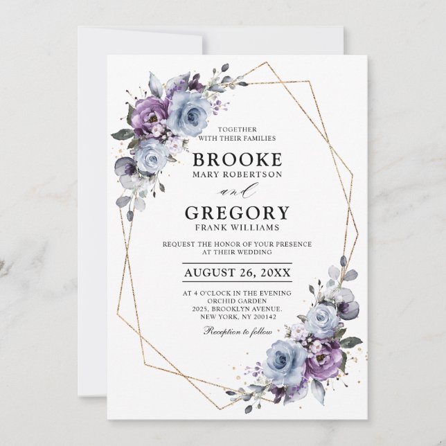 Dusty Blue Purple Gold Geometric Wedding  Invitation (Front)