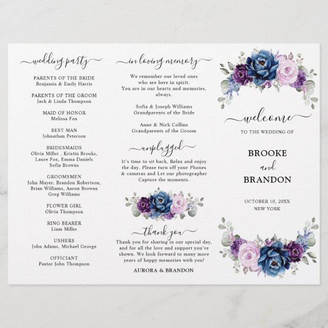 Dusty Blue Purple Lilac Blooms Wedding Program (Front)